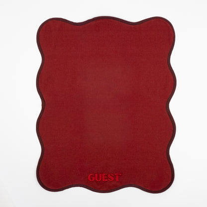 Rene burgundy hand towels, tonal red GUEST embroidery, burgundy trim, set of two