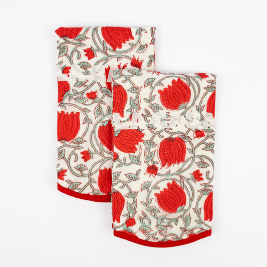 Rosita La Casa red tulip floral block-print guest towels, white LA CASA embroidery, set of two