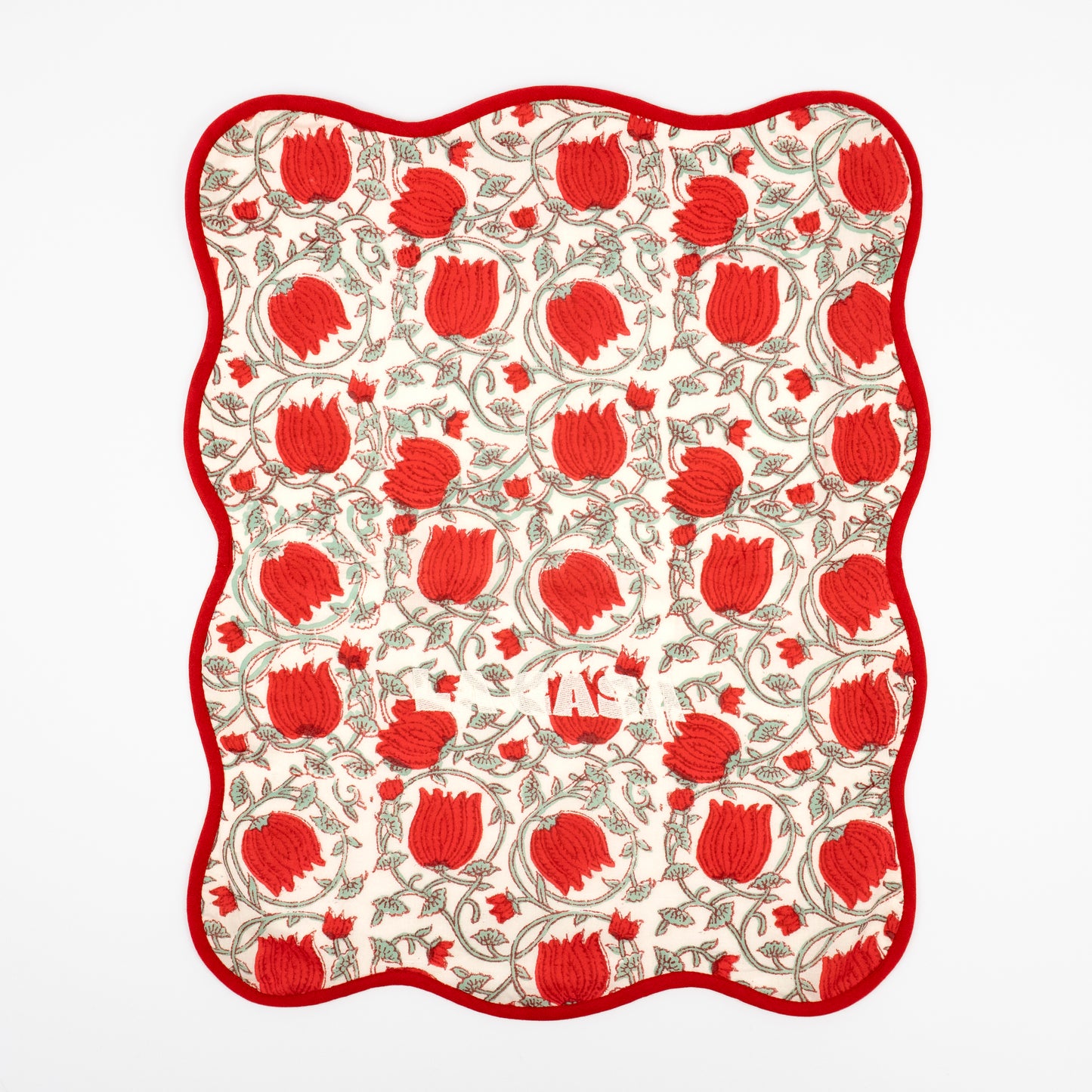 Rosita La Casa red tulip floral block-print guest towels, white LA CASA embroidery, set of two