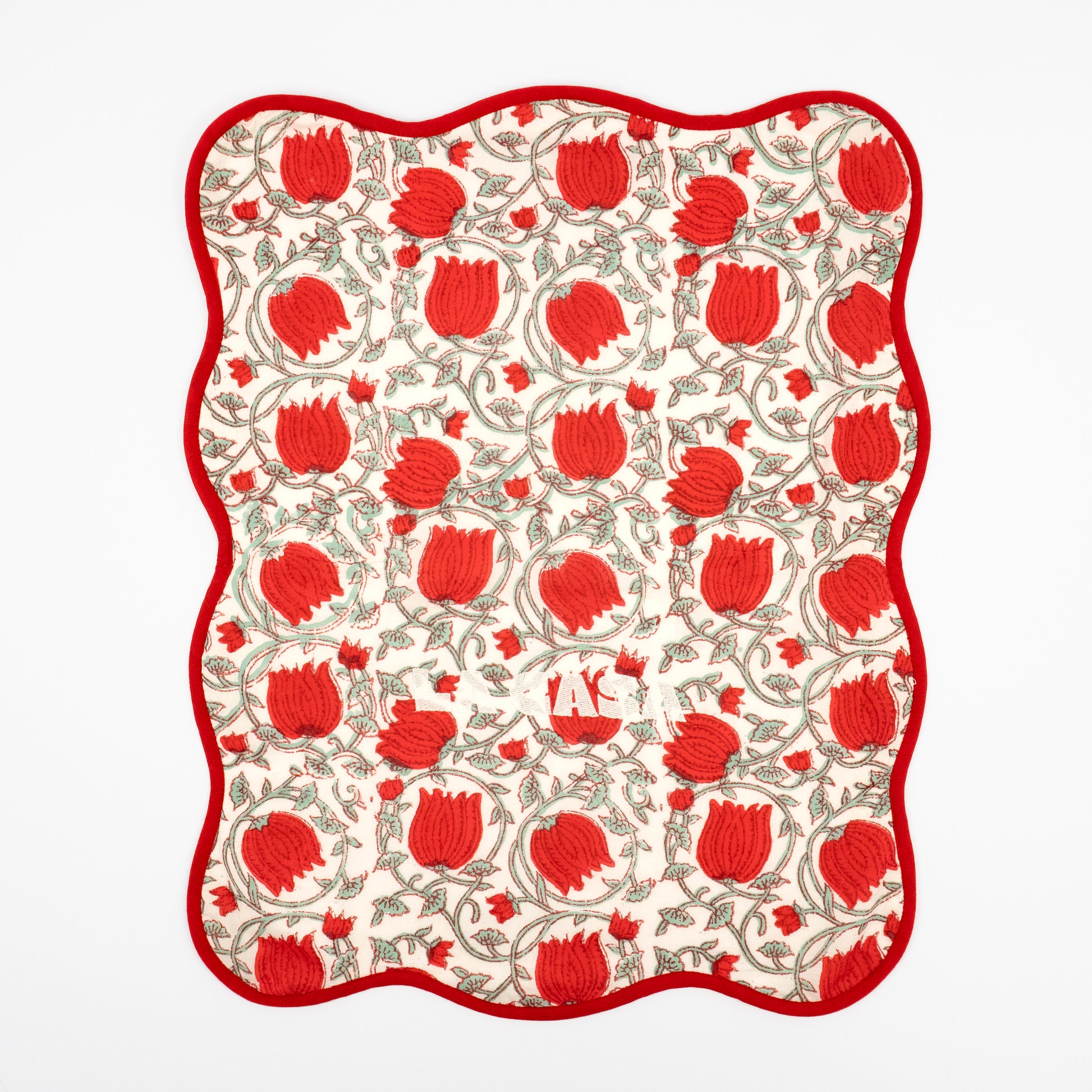 Rosita La Casa red tulip floral block-print guest towels, white LA CASA embroidery, set of two