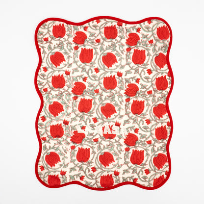Rosita La Casa red tulip floral block-print guest towels, white LA CASA embroidery, set of two