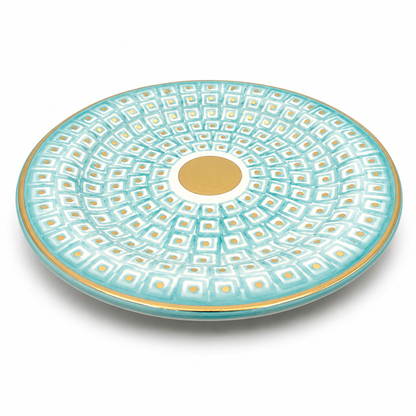 Serena Maiolica ceramic serving platter, round shape with teal geometric pattern, gold rim and gold center medallion