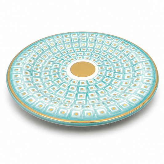 Serena Maiolica ceramic serving platter, round shape with teal geometric pattern, gold rim and gold center medallion