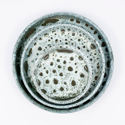 Stan ceramic bowls set of three, nesting bowls, blue and white reactive lava glaze, speckled finish