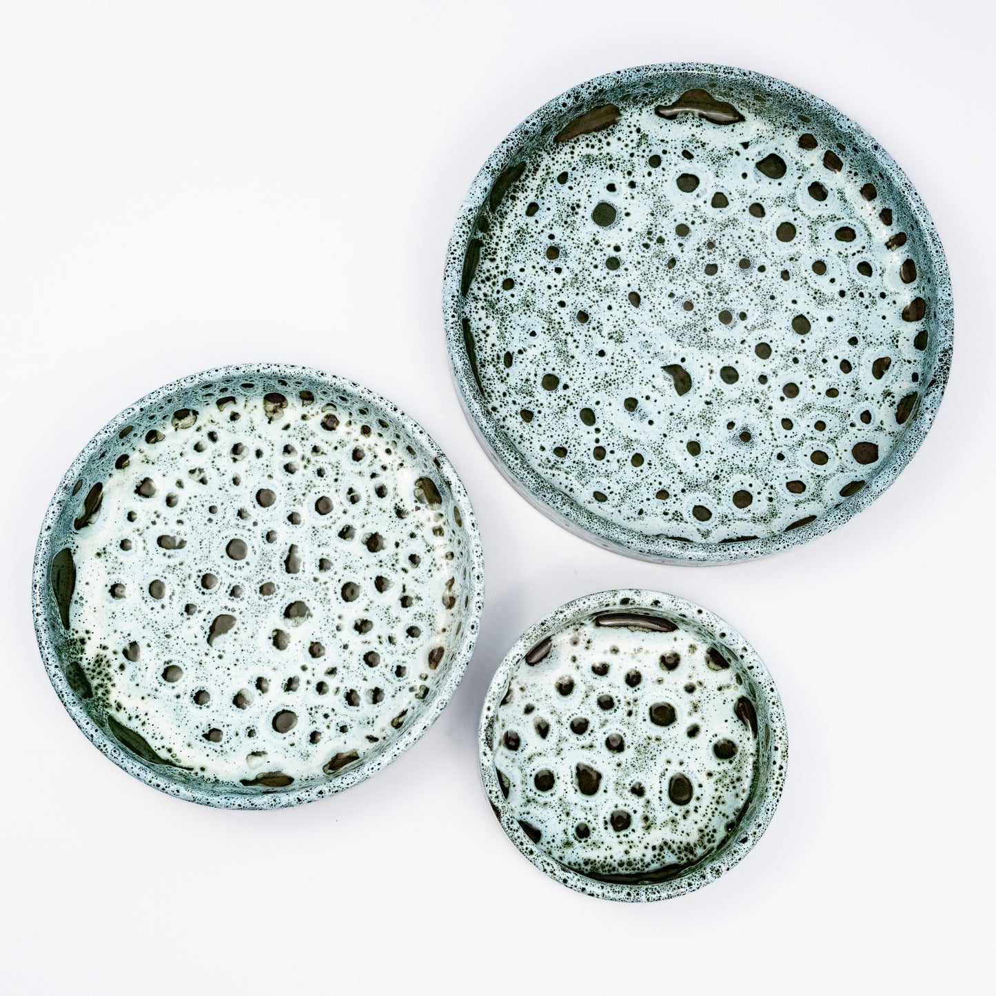 Stan ceramic bowls set of three, nesting bowls, blue and white reactive lava glaze, speckled finish
