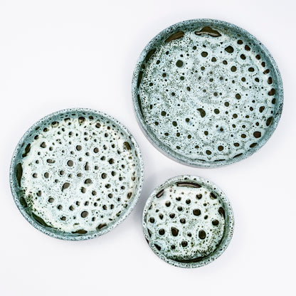 Stan ceramic bowls set of three, nesting bowls, blue and white reactive lava glaze, speckled finish