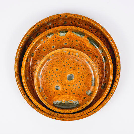 Stan ceramic bowls set of three, nesting bowls, amber and green reactive lava glaze, speckled finish