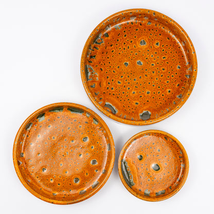 Stan ceramic bowls set of three, nesting bowls, amber and green reactive lava glaze, speckled finish