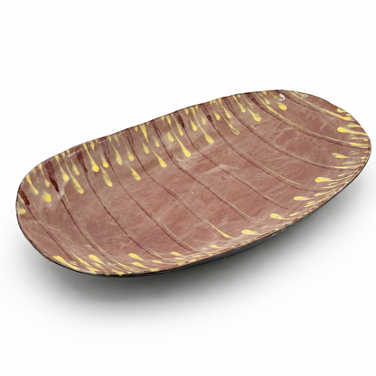 Taro oven-safe ceramic serving bowl, oval shape in mauve with hand-painted yellow and burgundy drip pattern