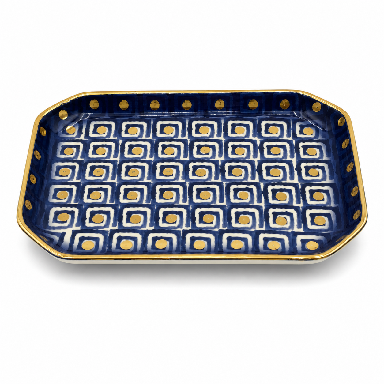 Violetta Maiolica ceramic serving dish, rectangular shape with navy blue geometric pattern and gold rim
